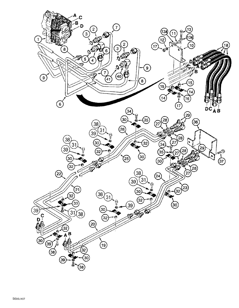 Схема запчастей Case 550G - (8-12) - TILT AND ANGLE HYDRAULIC CIRCUITS, CONTROL VALVE TO GRILLE (07) - HYDRAULIC SYSTEM