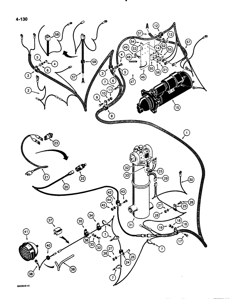 Схема запчастей Case 1450B - (4-130) - REAR ELECTRICAL WIRING, HARNESS TO STARTER, INSTRUMENT PANEL & REAR LAMP MODELS W/TOP FILLED TANK (04) - ELECTRICAL SYSTEMS