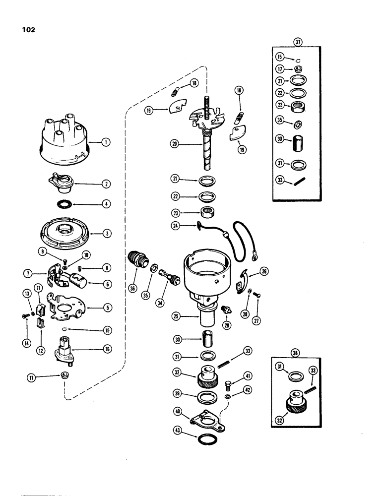 Схема запчастей Case 580B - (102) - A18461 DISTRIBUTOR, (188) SPARK IGNITION ENGINE, WITH TACHOMETER DRIVE (04) - ELECTRICAL SYSTEMS