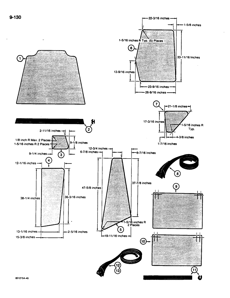 Схема запчастей Case 680L - (9-130) - CAB GLASS - U.S. DIMENSIONS (09) - CHASSIS/ATTACHMENTS