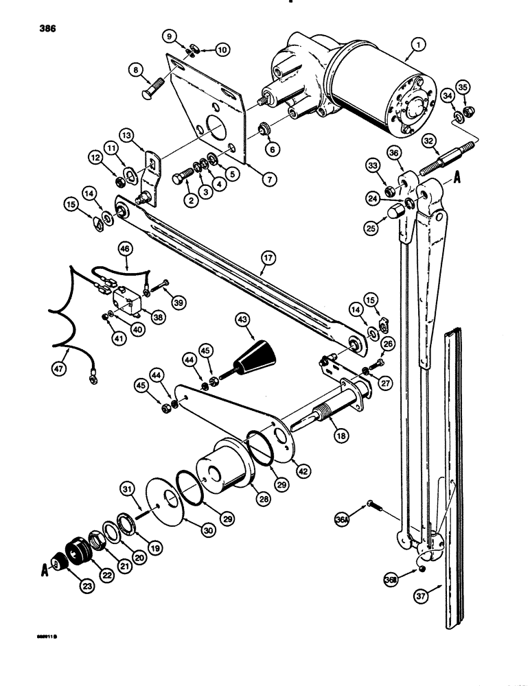 Схема запчастей Case 780B - (386) - CAB REAR WINDSHIELD WIPER, MODELS WITH SHORT WIPER POSITIONING LEVER (ITEM 42) IF USED (09) - CHASSIS/ATTACHMENTS