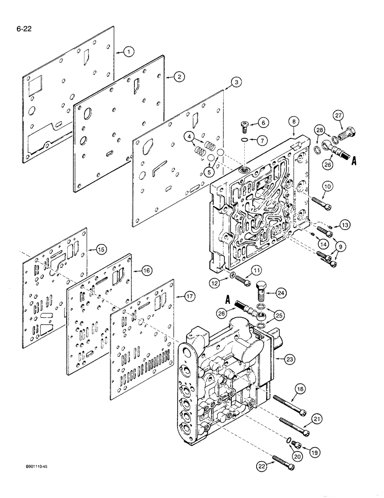 Схема запчастей Case 621 - (6-22) - TRANSMISSION ASSEMBLY, VALVE PLATES AND HYDRAULICS, P.I.N. JAK0021701 THRU JAK0027511 (06) - POWER TRAIN