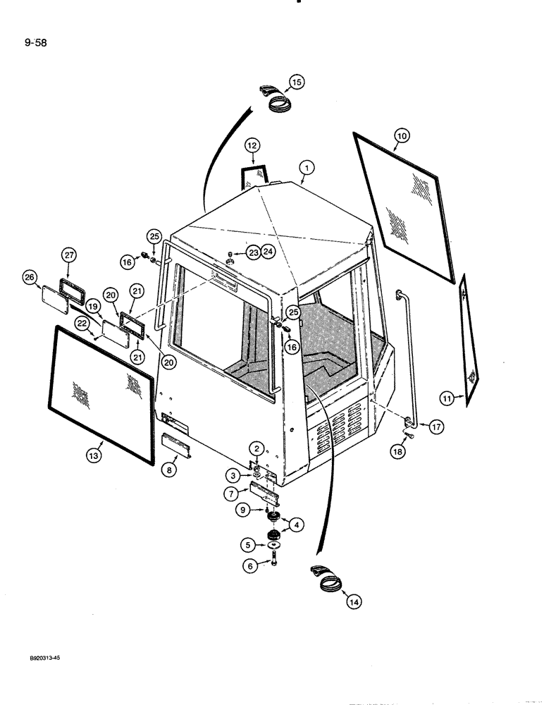 Схема запчастей Case 821 - (9-058) - CAB MOUNTING AND GLASS (09) - CHASSIS/ATTACHMENTS