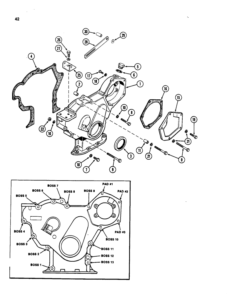 Схема запчастей Case W18 - (042) - TIMING GEAR COVER, 401BD AND 401BDT DIESEL ENGINE (02) - ENGINE