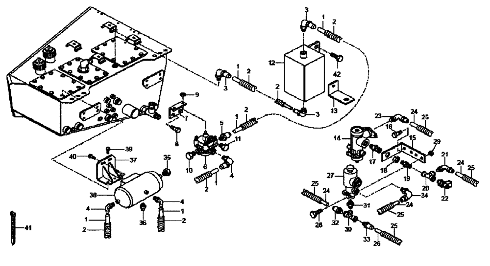 Схема запчастей Case 340B - (49A04041027[001]) - PNEUMATICS - FRONT FRAME (P.I.N. HHD0340BN7PG58147 AND AFTER) (84244089) (09) - Implement / Hydraulics / Frame / Brakes