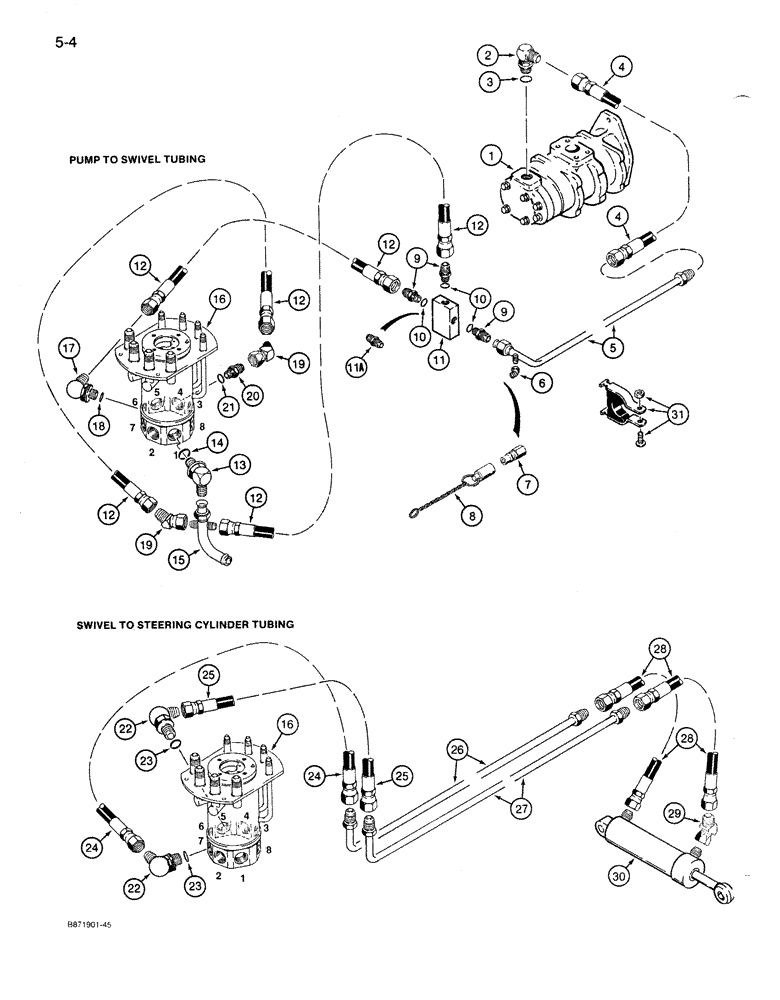 Схема запчастей Case 1086B - (5-004) - STEERING HYD. CIRCUIT, PUMP TO SWIVEL TO STEERING CYL. UNITS W/ MALE TUBE PORTS ON HYD. SWIVEL (05) - STEERING