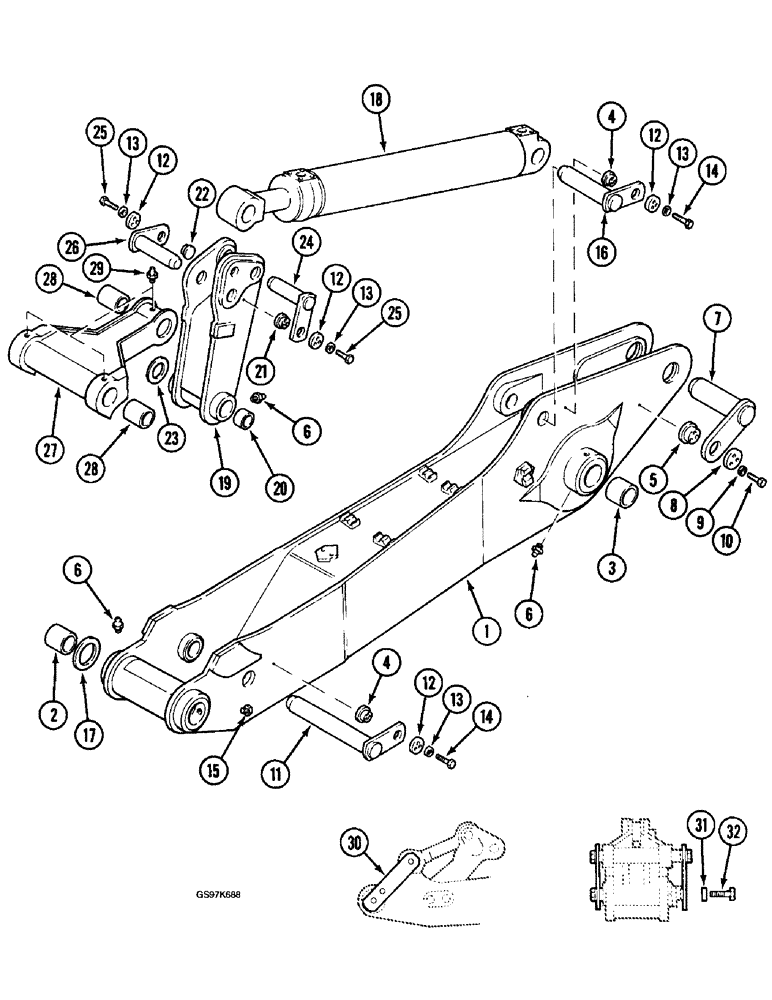 Схема запчастей Case 220B - (9-054) - ARM, LINKS AND MOUNTING PINS, WITH 3.0 METER (9 FOOT, 10 INCH) ARM (09) - CHASSIS