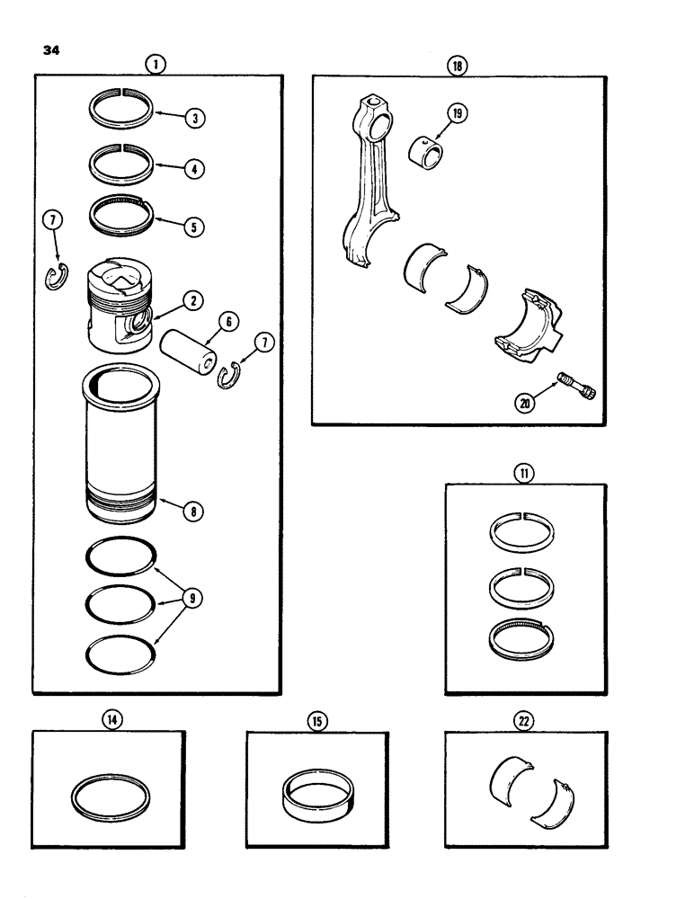 Схема запчастей Case 855C - (034) - PISTONS AND SLEEVES, WITH 5.194" TO 5.189" FIRE DAM DIA. SLEEVES 336BD & 336BDT DIESEL ENGINES. (01) - ENGINE