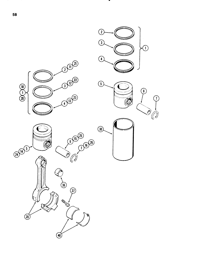 Схема запчастей Case 580SE - (058) - PISTONS, 4-390 DIESEL ENGINE, CONNECTING RODS (02) - ENGINE