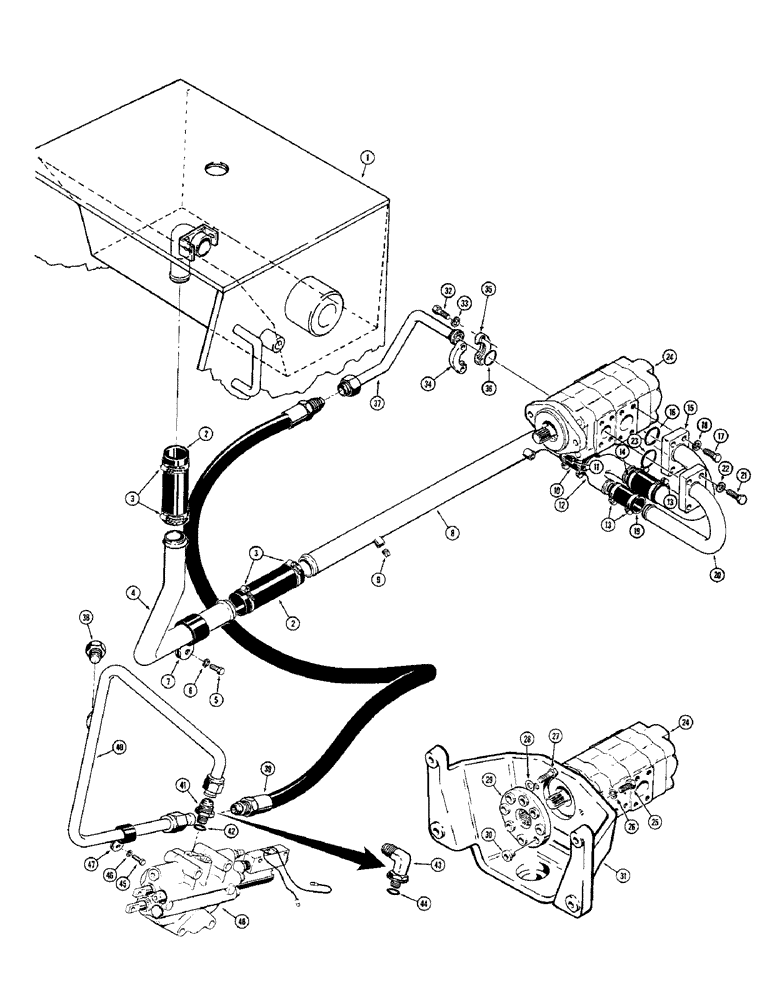 Схема запчастей Case 680CK - (160) - EQUIPMENT PRIMARY HYDRAULICS, HYDRAULIC TANK TO PUMP AND LOADER VALVE (35) - HYDRAULIC SYSTEMS