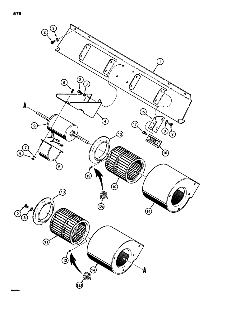 Схема запчастей Case 580D - (576) - CAB BLOWER, WITH METAL FAN HOUSING, IF USED (09) - CHASSIS/ATTACHMENTS