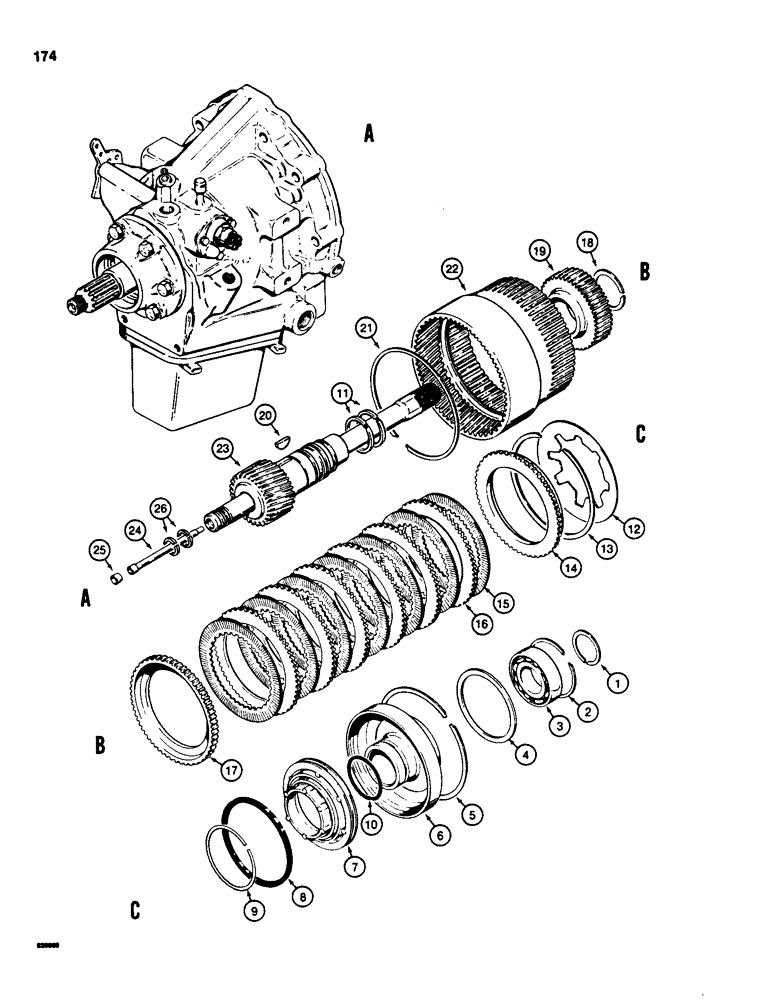 Схема запчастей Case 580SD - (174) - POWER SHUTTLE, INPUT SHAFT AND FORWARD CLUTCH (06) - POWER TRAIN