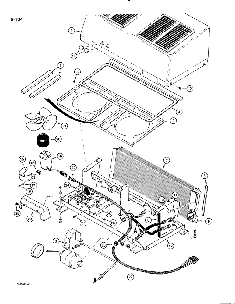 Схема запчастей Case 821 - (9-104) - AIR CONDITIONING CONDENSER AND MOUNTING (09) - CHASSIS/ATTACHMENTS