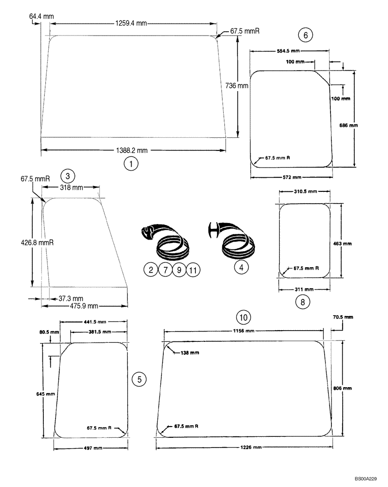 Схема запчастей Case 1150H_IND - (09-28) - CAB - GLASS (09) - CHASSIS/ATTACHMENTS