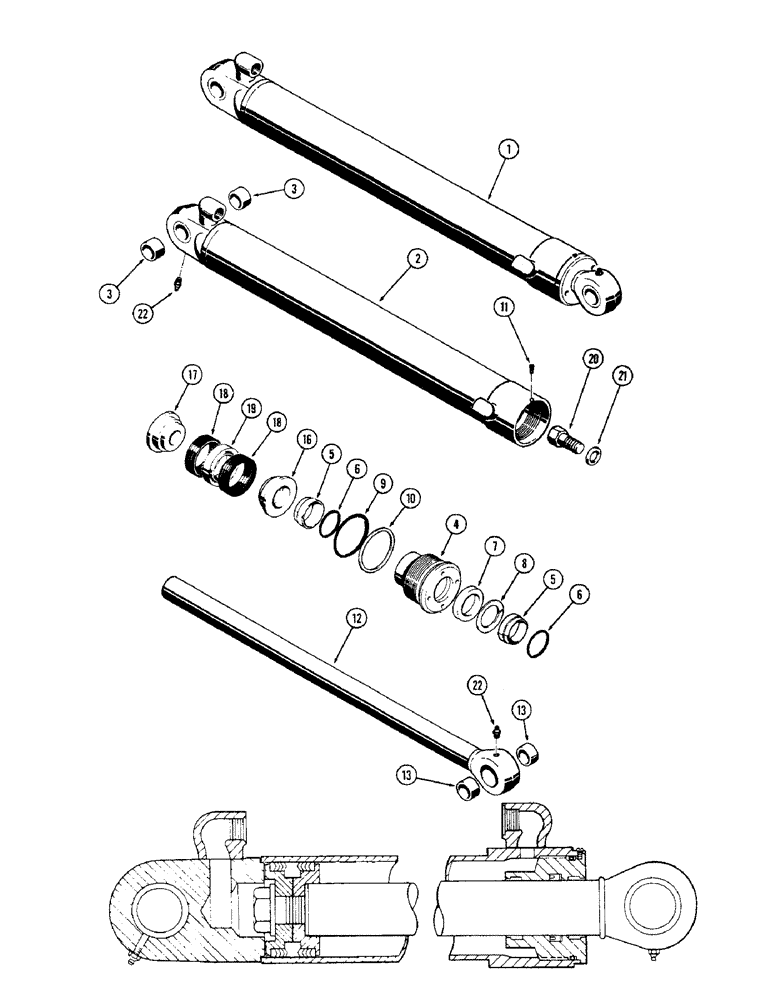 Схема запчастей Case 33 - (322) - D48967 BUCKET CYL,3-1/2"DIA. CYL W/27-1/4"STROKE W/2"DIA. PISTON ROD W/SPLIT INNER&OUTER WIPERS W/O 