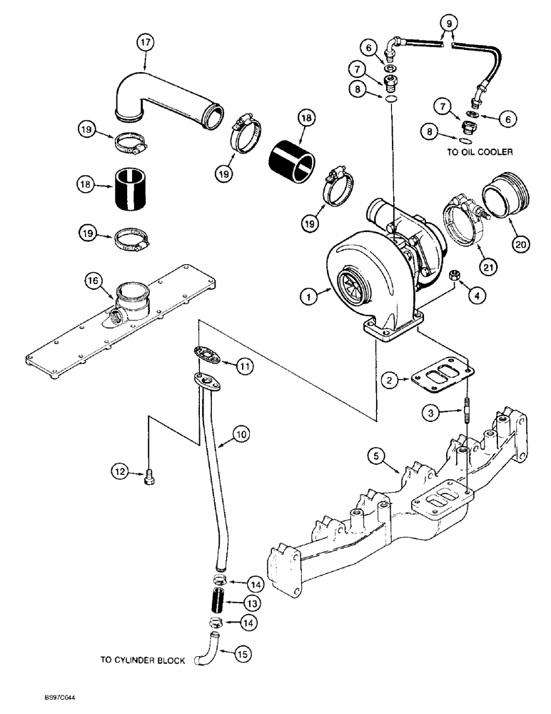 Схема запчастей Case 9030B - (2-30) - TURBOCHARGER SYSTEM, 6T-590 EMISSIONS CERTIFIED ENGINE, PRIOR TO P.I.N. DAC03#2001 (02) - ENGINE