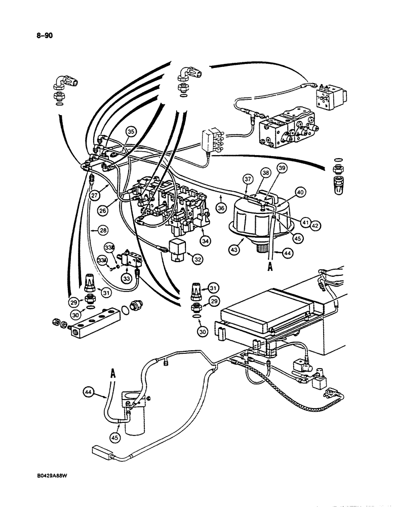 Схема запчастей Case 125B - (8-090) - HYD. COMPONENTS LEAK RETURN CIRCUIT, LINES FROM VALVES, P.I.N. 74845-74963, 21801-21868, 26801 & AFT (08) - HYDRAULICS