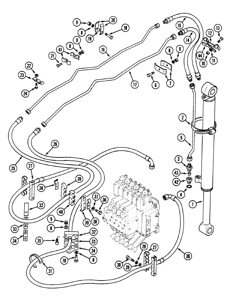 Схема запчастей Case 580SK - (8-196) - HYDRAULIC CIRCUIT, BUCKET CYLINDER, PRESTIGE VERSION, SIDESHIFT BACKHOE (08) - HYDRAULICS