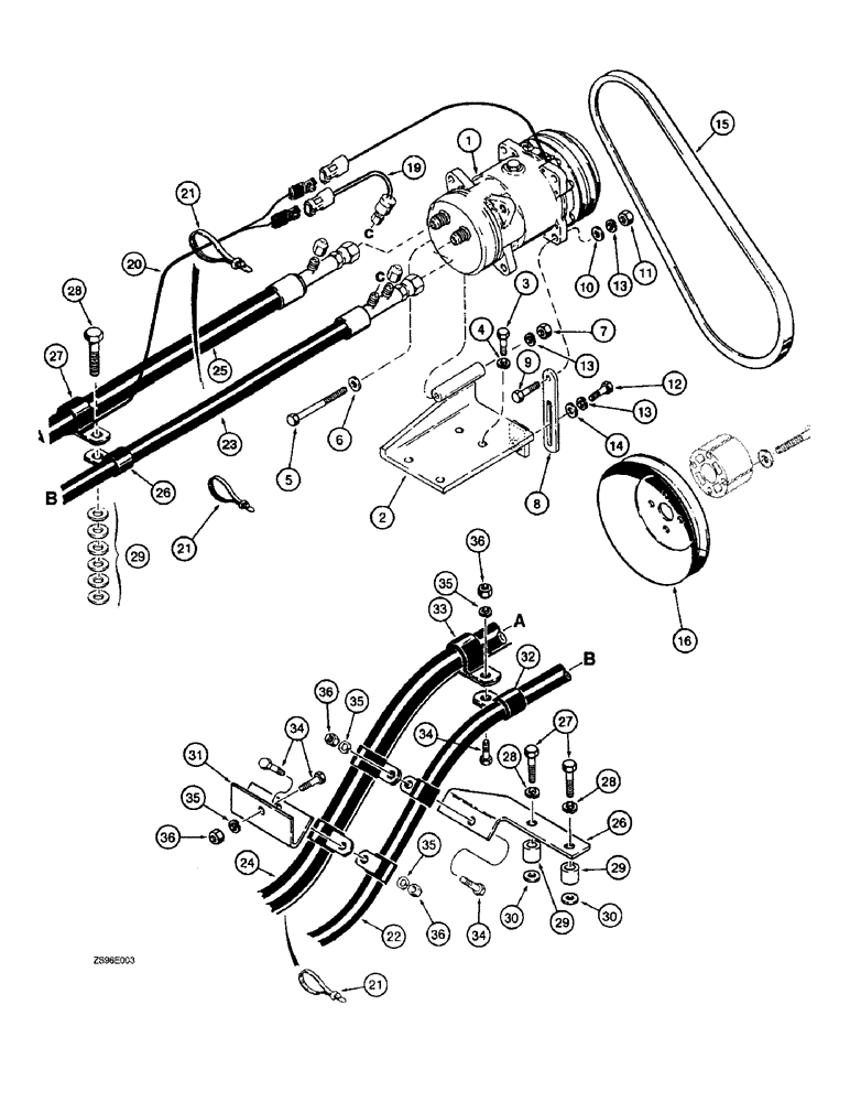 Схема запчастей Case 1155E - (9-126) - AIR CONDITIONING SYSTEM COMPRESSOR AND CONNECTIONS - DOZER MODELS W/ 6-830 ENG PIN JAK0009032 & AFT (09) - CHASSIS/ATTACHMENTS