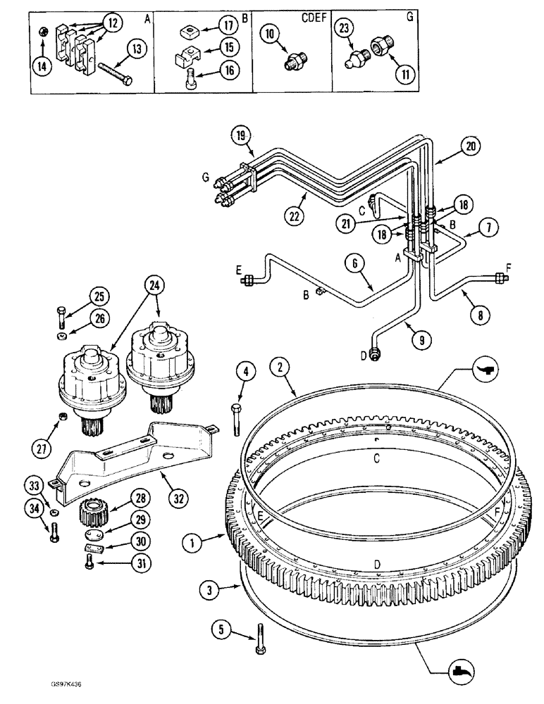 Схема запчастей Case 170C - (9-002) - TURNTABLE BEARING AND LUBRICATION LINES (09) - CHASSIS