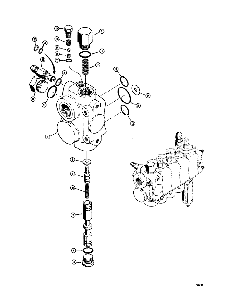 Схема запчастей Case 26 - (064) - 3 POINT HITCH D52970 CONTROL VALVE (4 SPOOL), INLET SECTION 