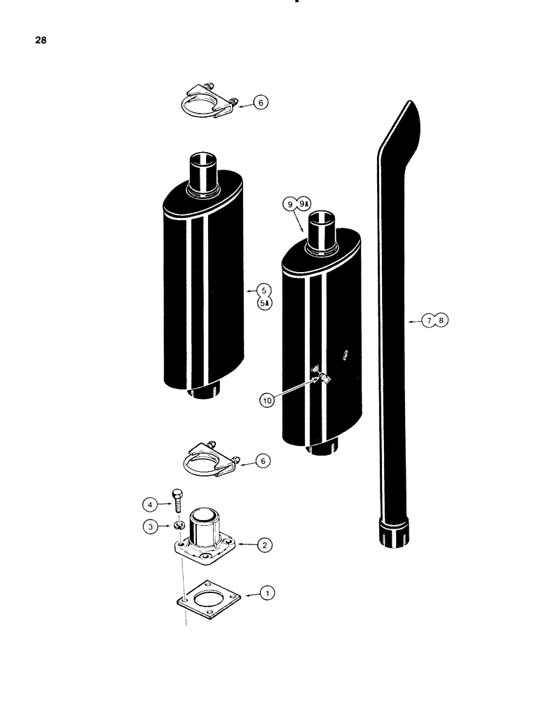 Схема запчастей Case 580E - (028) - MUFFLER AND EXHAUST SYSTEM, MODELS WITHOUT TURBOCHARGED ENGINE (02) - ENGINE