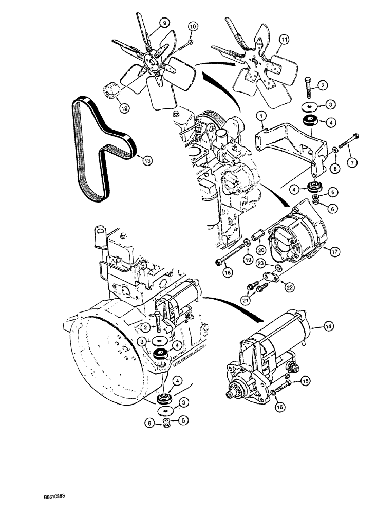 Схема запчастей Case 1150G - (2-002) - ENGINE, STARTER AND ALTERNATOR MOUNTING, FAN AND FAN BELT (01) - ENGINE