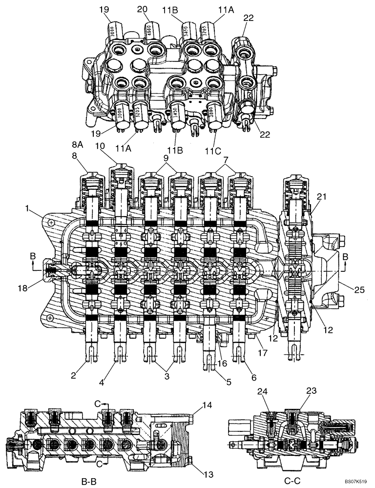 Схема запчастей Case 590SM - (08-37) - VALVE ASSY - BACKHOE CONTROL, 7 SPOOL (W/O EXT DIPPER, W/ AUX HYDS, W/O PILOT CONTROLS) (08) - HYDRAULICS