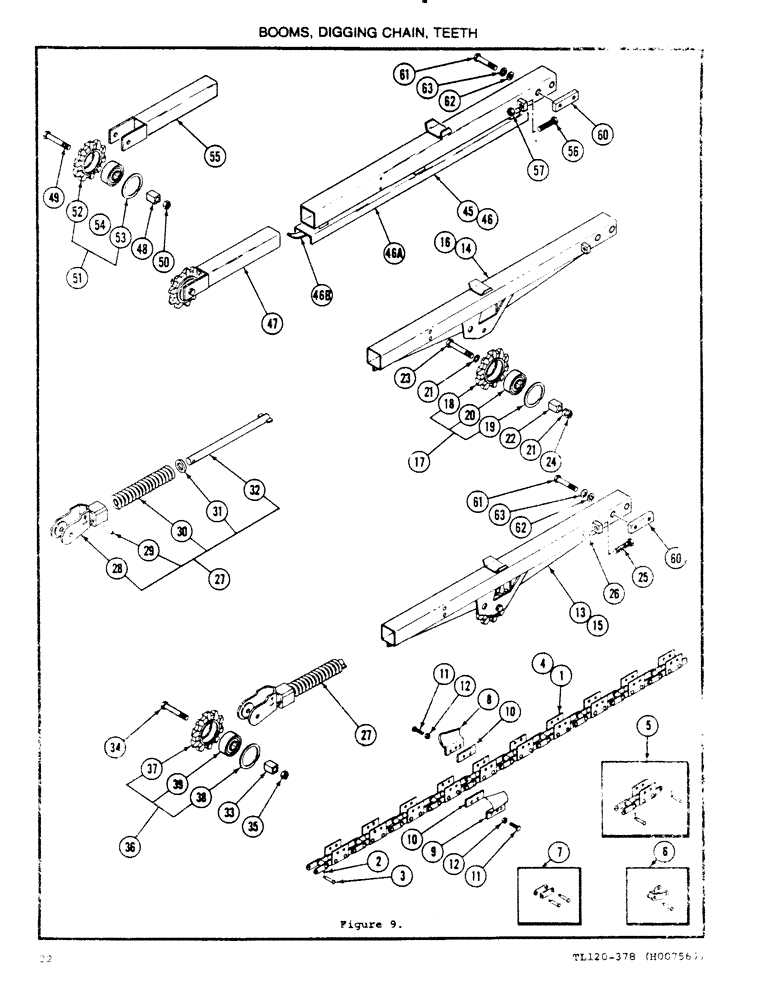 Схема запчастей Case 120 - (22) - BOOMS, DIGGING CHAIN, TEETH 