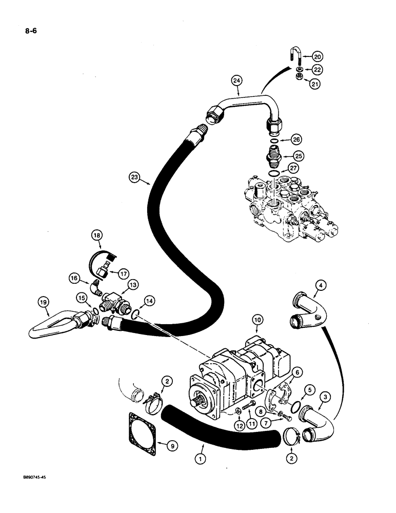 Схема запчастей Case 621 - (8-06) - HYDRAULIC CIRCUIT, RESERVOIR TO PUMP AND LOADER VALVE, P.I.N. JAK0020901 AND AFTER (08) - HYDRAULICS