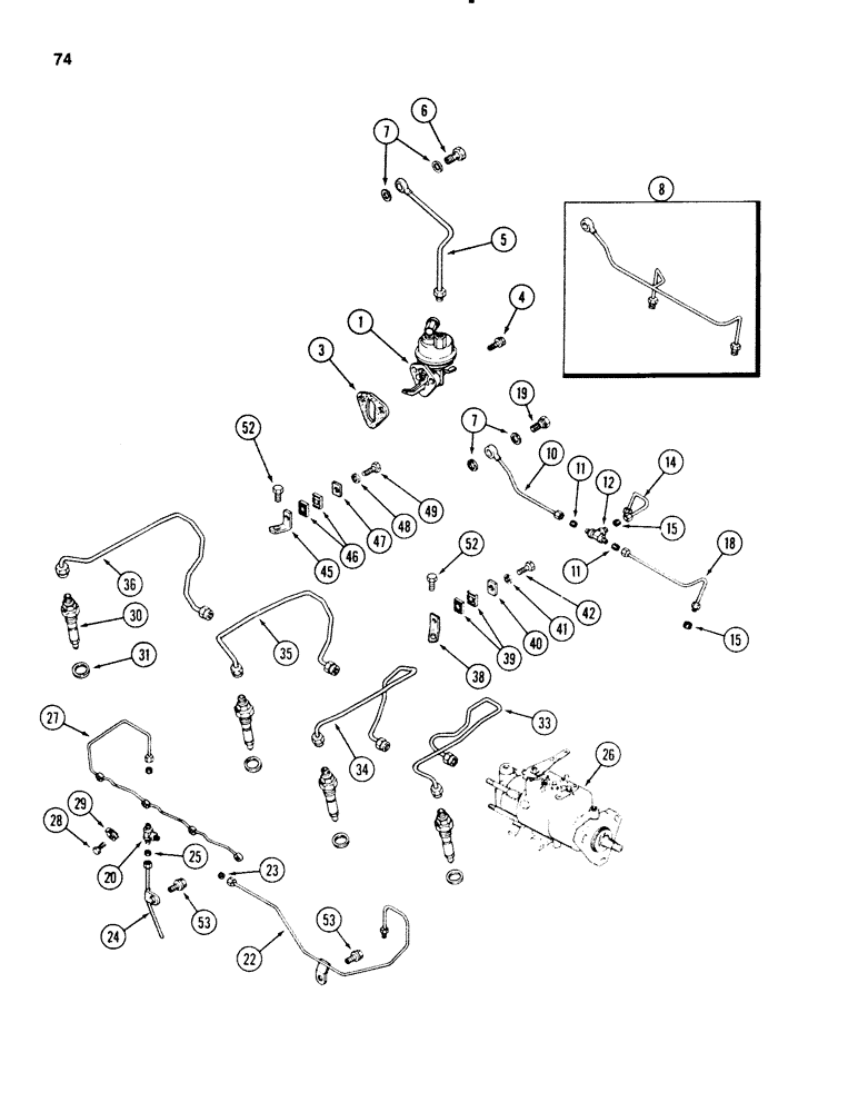 Схема запчастей Case 580SE - (074) - FUEL INJECTION SYSTEM, 4T-390 AND 4-390 DIESEL ENGINE (03) - FUEL SYSTEM