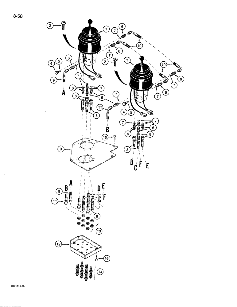 Схема запчастей Case 621 - (8-58) - REMOTE LOADER CONTROL CIRCUIT, TWO LEVERS WITH FOUR SPOOL VALVE (08) - HYDRAULICS