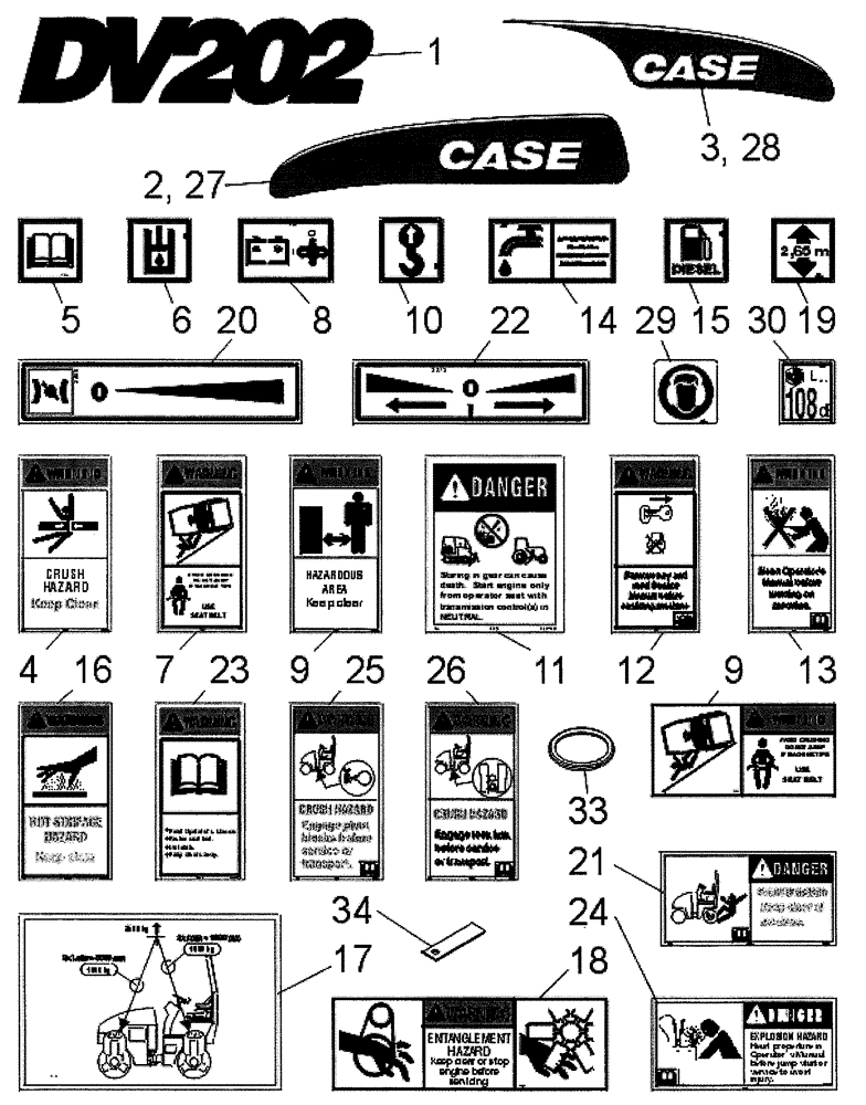 Схема запчастей Case DV202 - (12-510/2[01]) - DECALS (12) - Chassis/Attachments