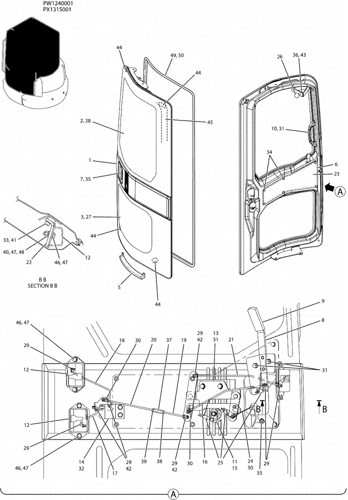 Схема запчастей Case CX36B - (01-044) - DOOR ASSY, CAB (90) - PLATFORM, CAB, BODYWORK AND DECALS