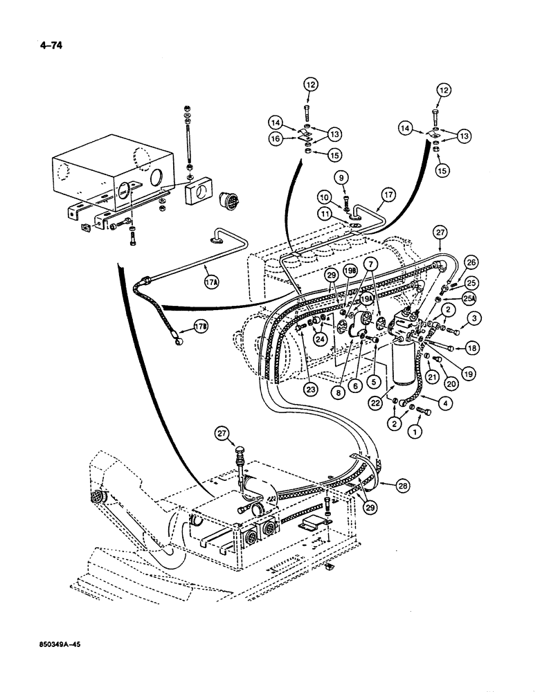 Схема запчастей Case 125B - (4-74) - HEATER AND OIL LINES TO ENGINE, P.I.N. 74251 THROUGH 74857 (04) - ELECTRICAL SYSTEMS