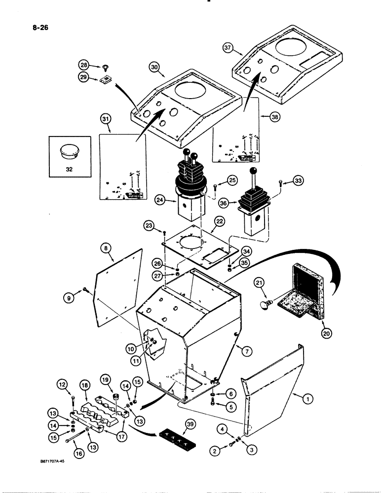 Схема запчастей Case W30 - (8-26) - REMOTE VALVE CONSOLE, USED ON MODELS WITH ZF TRANSMISSION (08) - HYDRAULICS