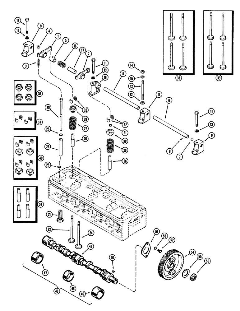 Схема запчастей Case 480CK - (041A) - VALVE MECHANISM AND CAMSHAFT, (148B) SPARK IGNITION ENGINE, USED PRIOR TO ENGINE SERIAL NO. 2638707 