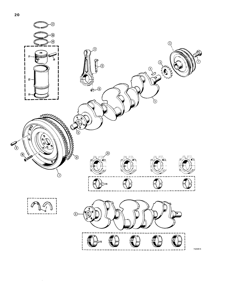 Схема запчастей Case 1830 - (020) - BEFORE ENGINE SN 2707, CRANKSHAFT, FLYWHEEL, PISTONS AND CONNECTING RODS (10) - ENGINE