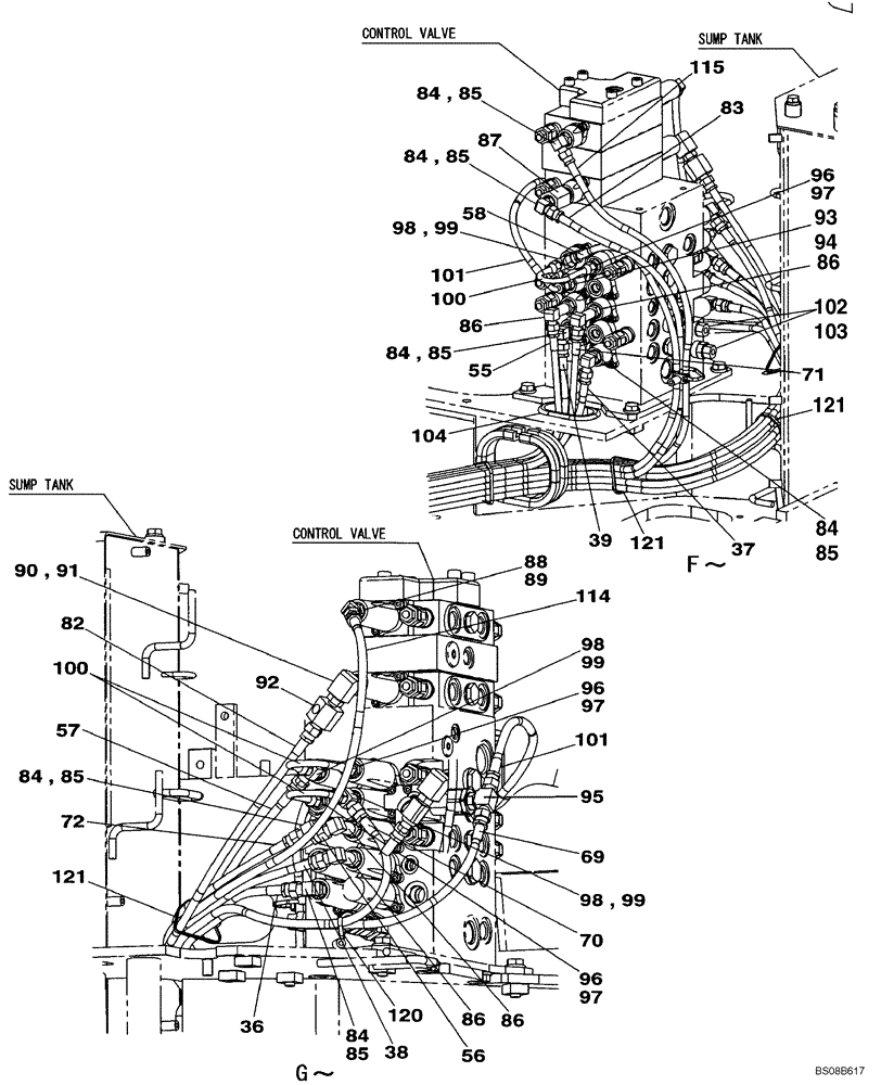 Схема запчастей Case CX80 - (08-38) - PILOT CONTROL LINES - MODELS WITHOUT LOAD HOLD (08) - HYDRAULICS