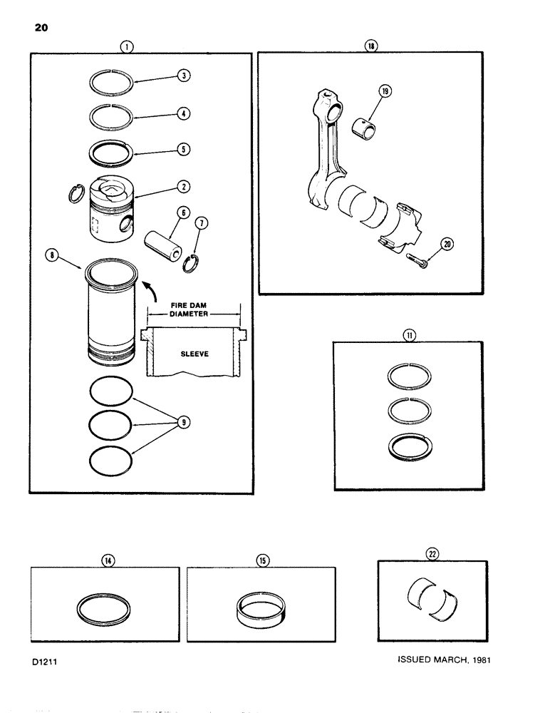 Схема запчастей Case W14 - (020) - PISTONS & SLEEVES, WITH 5.189" TO 5.194" FIRE DAM DIAMETER SLEEVE - 336BD DIESEL ENGINE (02) - ENGINE