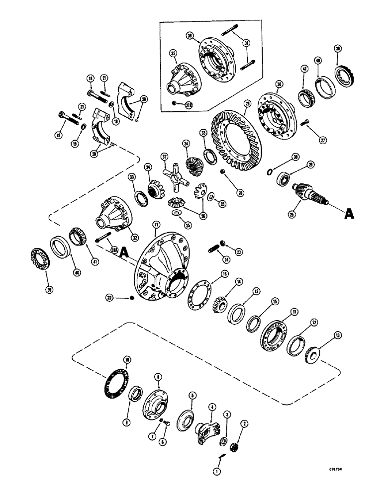 Схема запчастей Case W8B - (170) - A19080 AND L15393 FRONT RIGID AXLES, DIFFERENTIAL (04) - UNDERCARRIAGE