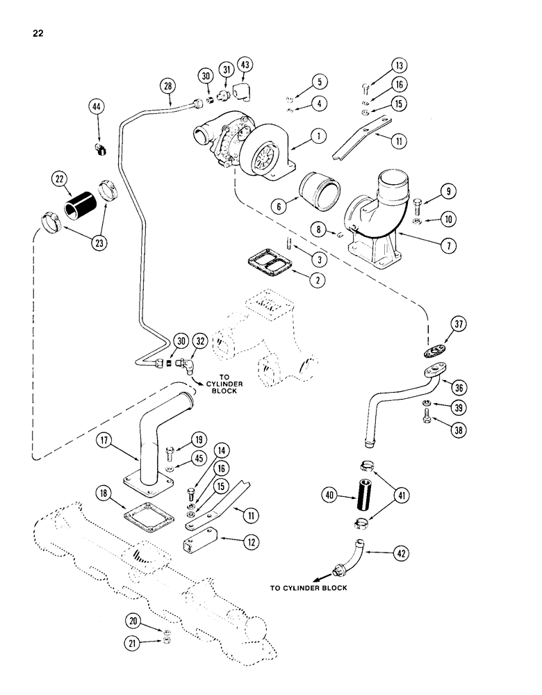 Схема запчастей Case 1150D - (022) - TURBOCHARGER SYSTEM, 504BDT ALTITUDE COMPENSATING ENGINE (02) - ENGINE