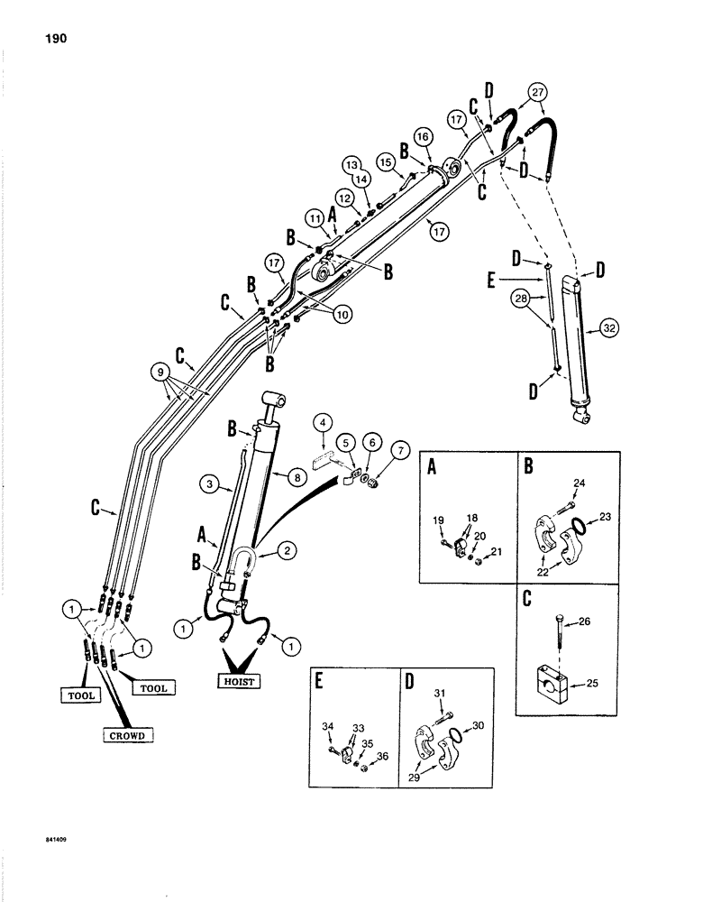 Схема запчастей Case 1280B - (190) - BOOM, ARM, AND TOOL CIRCUITS, CYLINDER HYDRAULIC LINES WITH 9 (2.74M) DIPPER (08) - HYDRAULICS