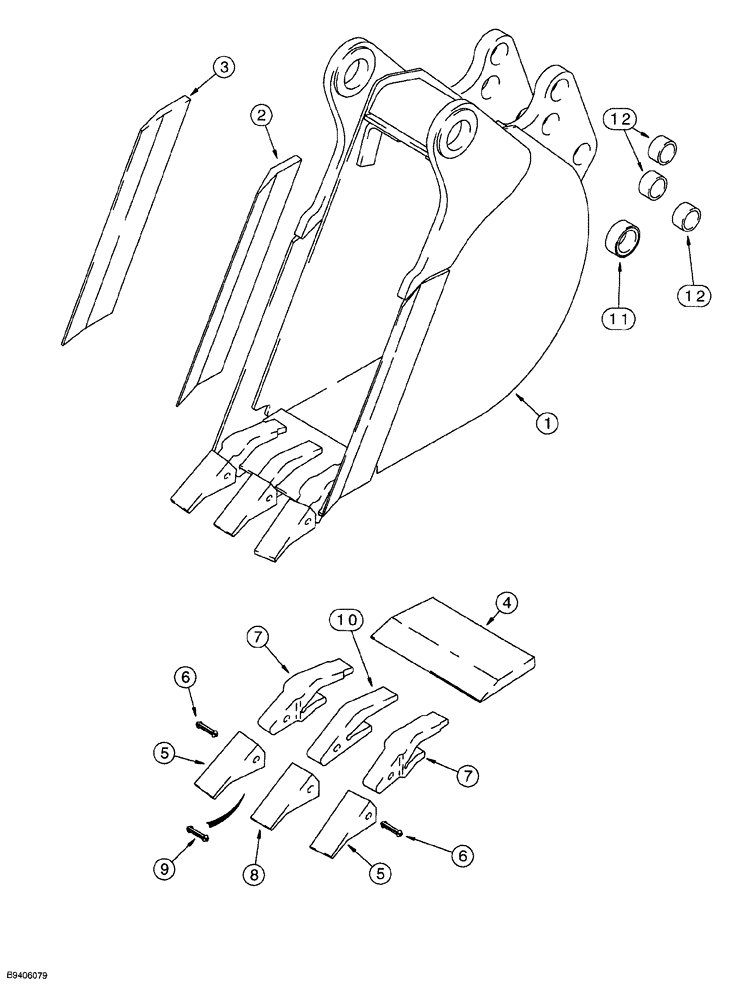 Схема запчастей Case 580SL - (9-062) - UNIVERSAL BACKHOE BUCKET, 305 MM (12 INCH) WIDE TRENCHING BUCKET & TEETH, HEAVY DUTY (09) - CHASSIS/ATTACHMENTS