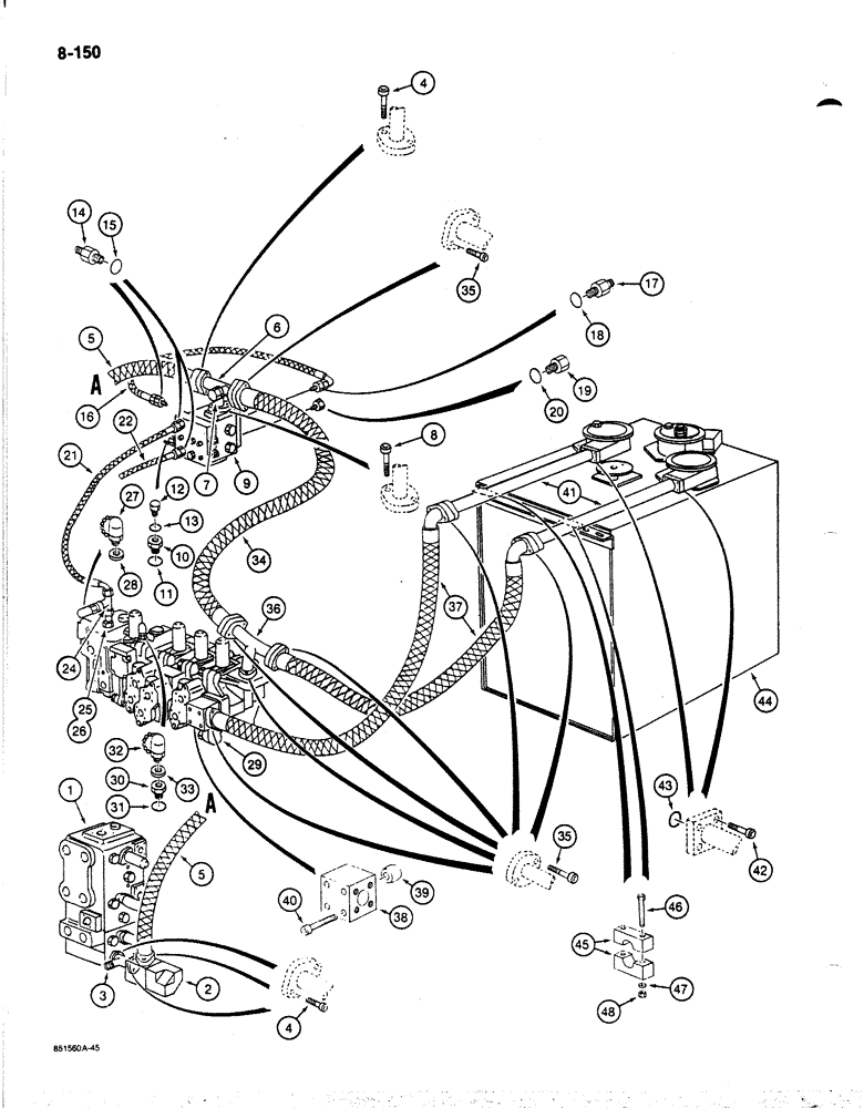 Схема запчастей Case 170B - (8-150) - HYDRAULIC CIRCUIT RETURN LINES, TO FILTERS AT RESERVOIR, P.I.N. 74353 AND 74361 THRU 74456 (08) - HYDRAULICS