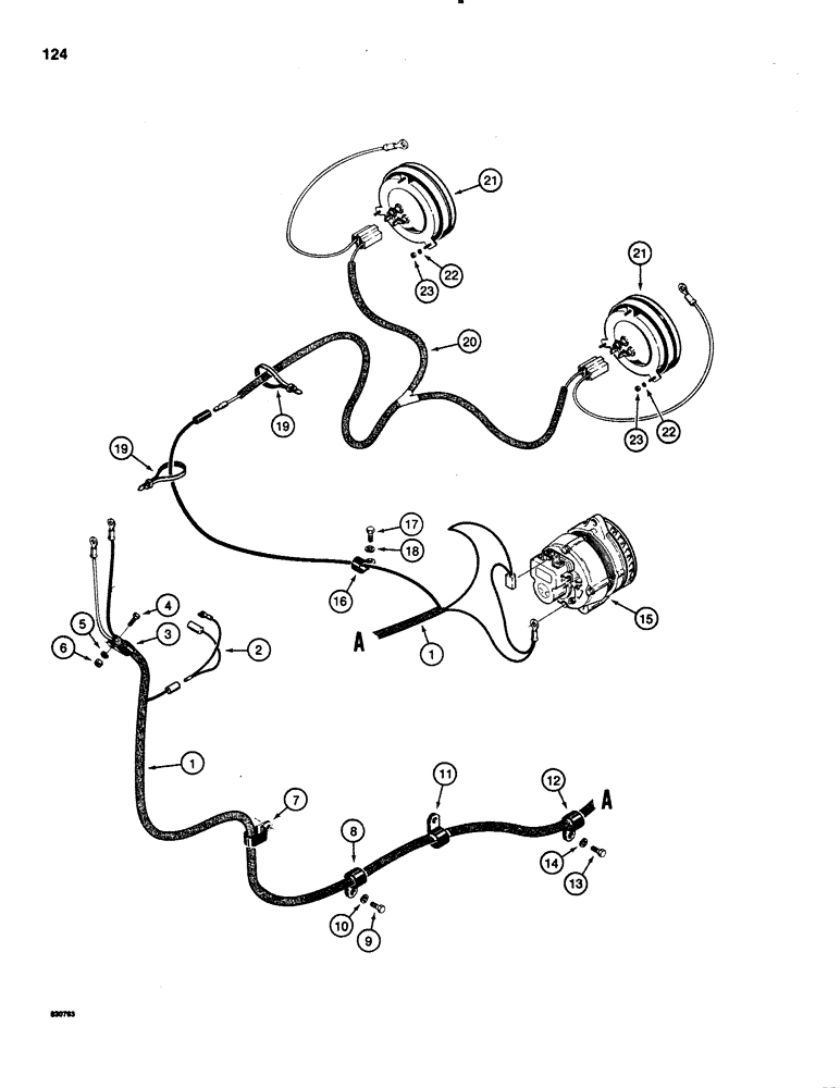 Схема запчастей Case 1150C - (124) - FRONT ELECTRICAL WIRING, INSTRUMENT PANEL TO ALTERNATOR & HEAD LAMPS, USED ON TRAC SN 7308701 & AFT (04) - ELECTRICAL SYSTEMS