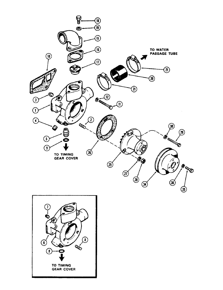 Схема запчастей Case 1700-SERIES - (053A) - WATER PUMP AND THERMOSTAT, 188 DIESEL ENGINE, 1ST USED ENGINE SERIAL NO. 2728315 (10) - ENGINE