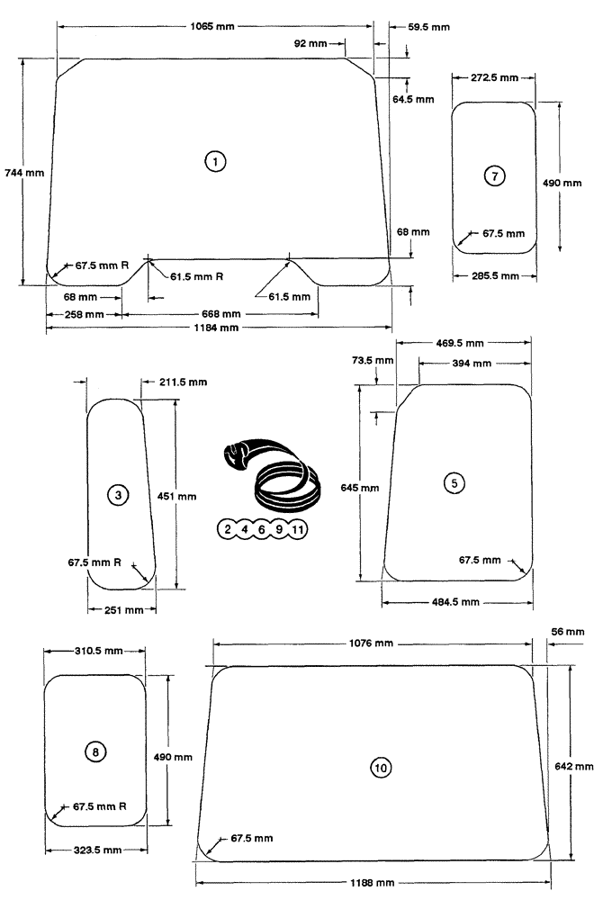 Схема запчастей Case 850E - (9-074) - CAB GLASS, METRIC DIMENSIONS (09) - CHASSIS/ATTACHMENTS