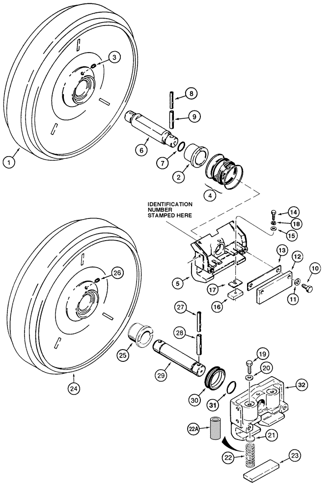 Схема запчастей Case 855E - (5-06) - IDLER ASSEMBLIES, , R55677 IDLER ASSEMBLY (SEE ITEMS 5 AND 6 FOR IDENTIFICATION) (11) - TRACKS/STEERING