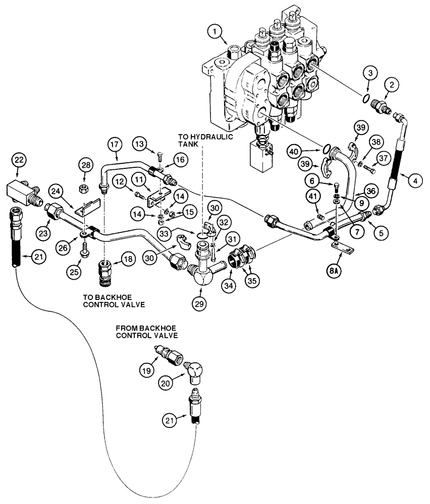 Схема запчастей Case 850E - (8-038) - BACKHOE HYDRAULIC CIRCUIT, CONTROL VALVE TO BACKHOE AND RESERVOIR (08) - HYDRAULICS